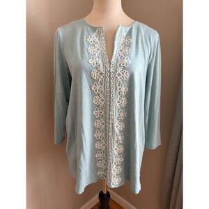 J. Jill Seafoam Embroidered Cotton Split Neck Top Size M Coastal Grandma Boho
